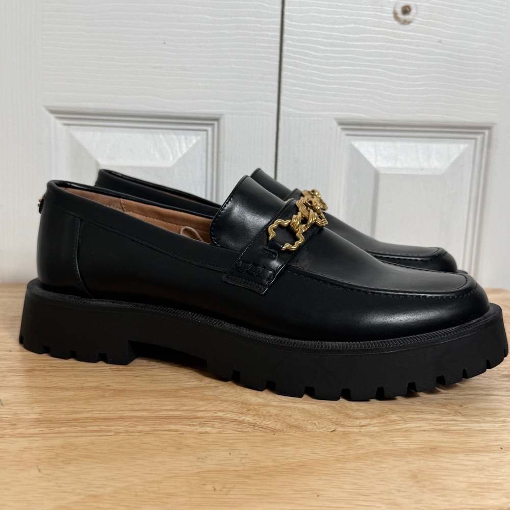 Sam & Libby Chunky Lug Sole Loafers 10 Black Gold Chain Dark Academia Preppy